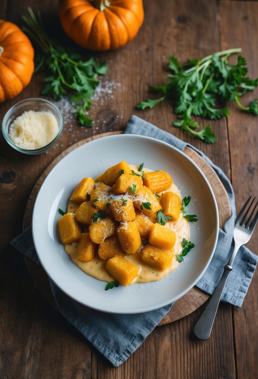 A rustic wooden table set with a steaming plate of pumpkin gnocchi in a creamy parmesan sauce, garnished with fresh herbs and a sprinkle of grated cheese