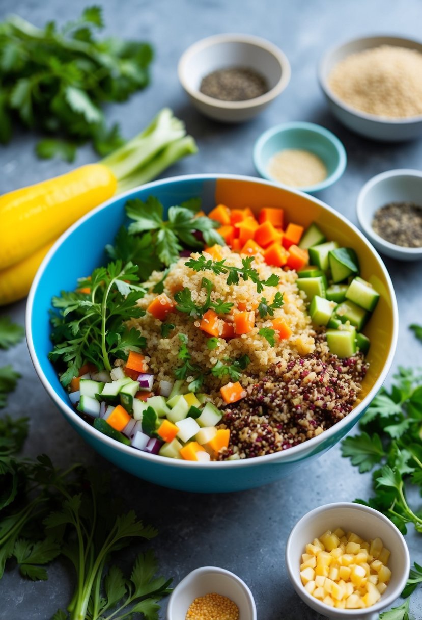 A colorful bowl filled with quinoa, diced vegetables, and fresh herbs, surrounded by various gluten-free and dairy-free ingredients