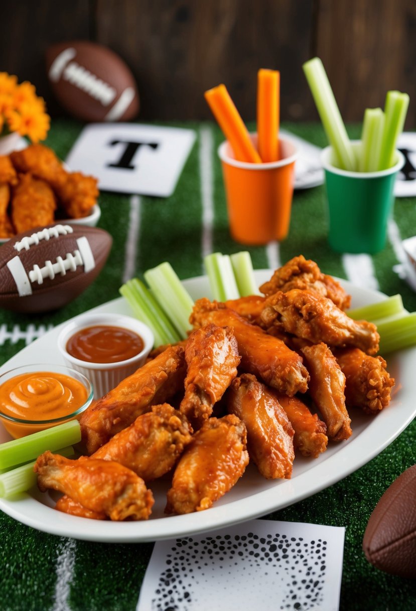 A table set with a platter of spicy buffalo wings, celery sticks, and dipping sauce, surrounded by football-themed decorations