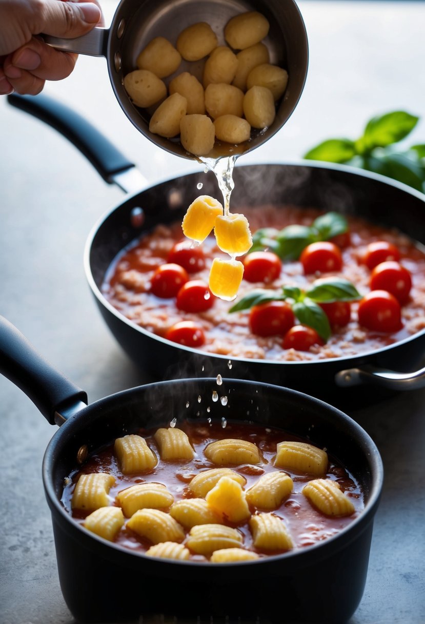 A pot of boiling water with gnocchi being dropped in, while a skillet simmers with cherry tomato sauce and fresh basil