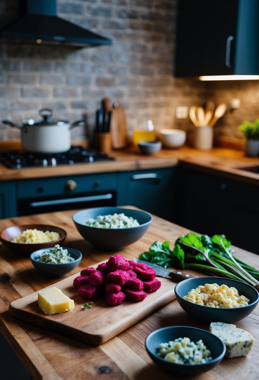 A rustic kitchen counter with ingredients and utensils for making beetroot gnocchi with blue cheese