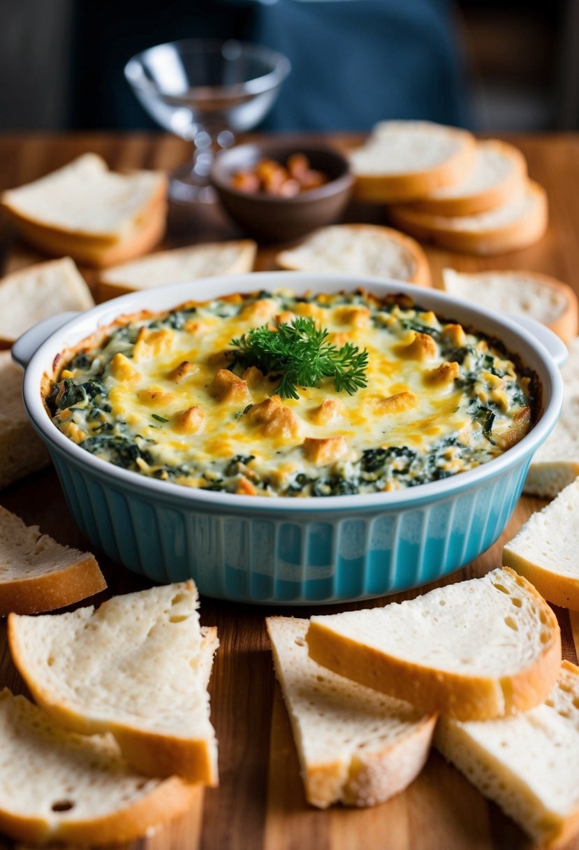 A bubbling dish of hot spinach and artichoke dip sits on a table surrounded by tortilla chips and slices of bread, ready for a game day gathering