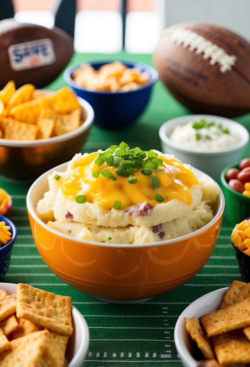 A steaming bowl of loaded smashed potatoes surrounded by game day snacks on a table