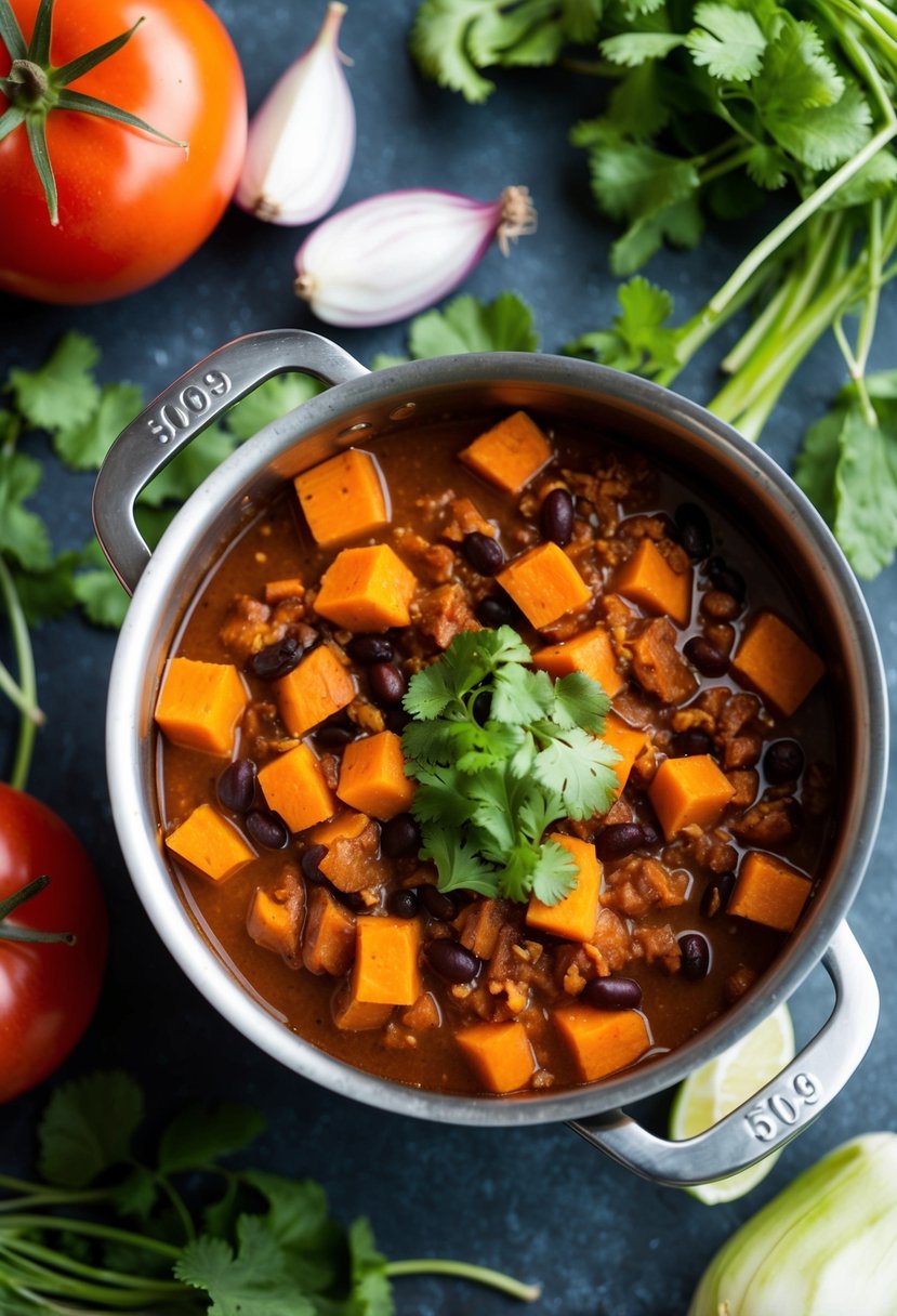 A steaming pot of sweet potato and black bean chili surrounded by fresh ingredients like tomatoes, onions, and cilantro