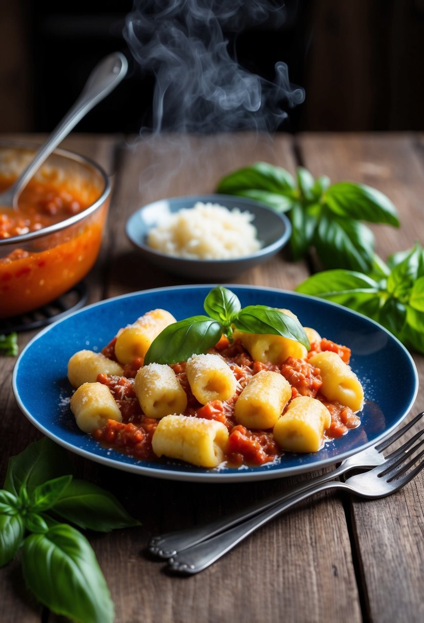 A rustic kitchen table set with a steaming plate of Gnocchi alla Sorrentina, surrounded by fresh basil and a bubbling tomato sauce