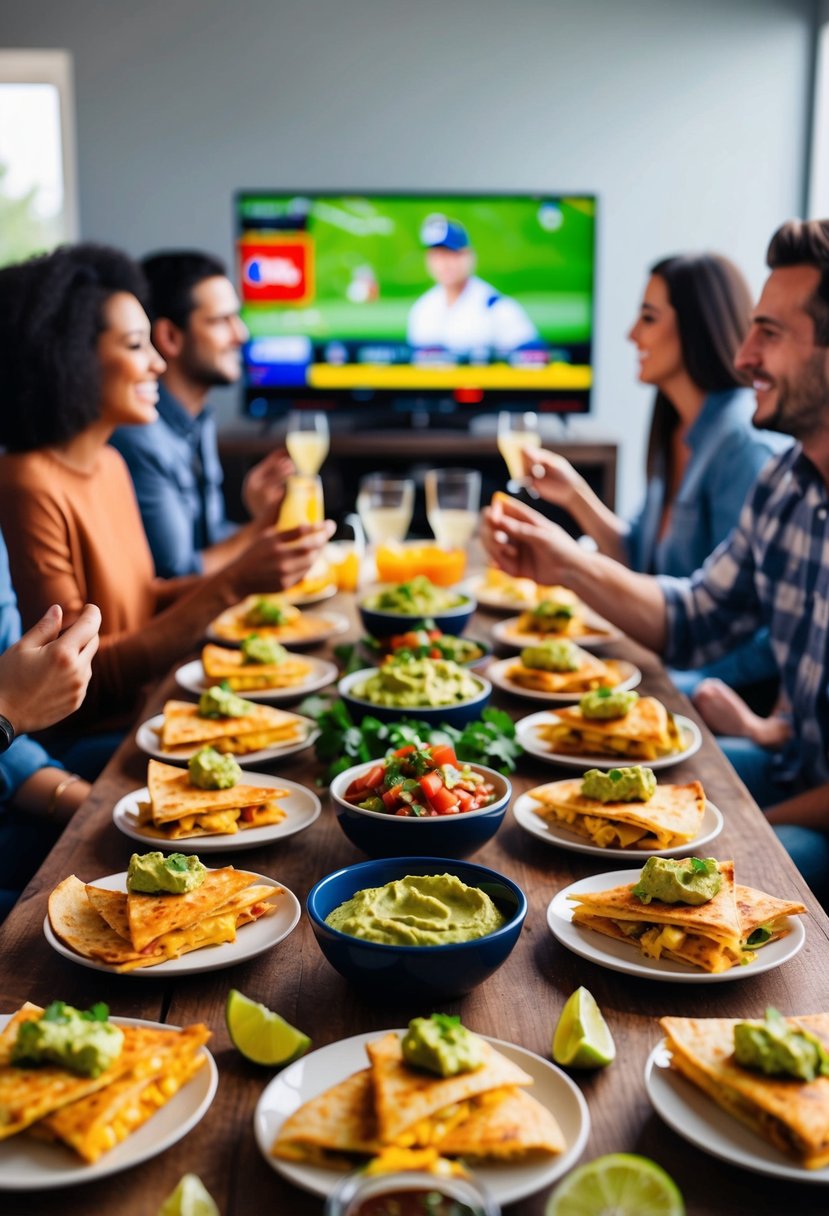 A table spread with mini chicken quesadillas, salsa, and guacamole, surrounded by friends watching a game on TV