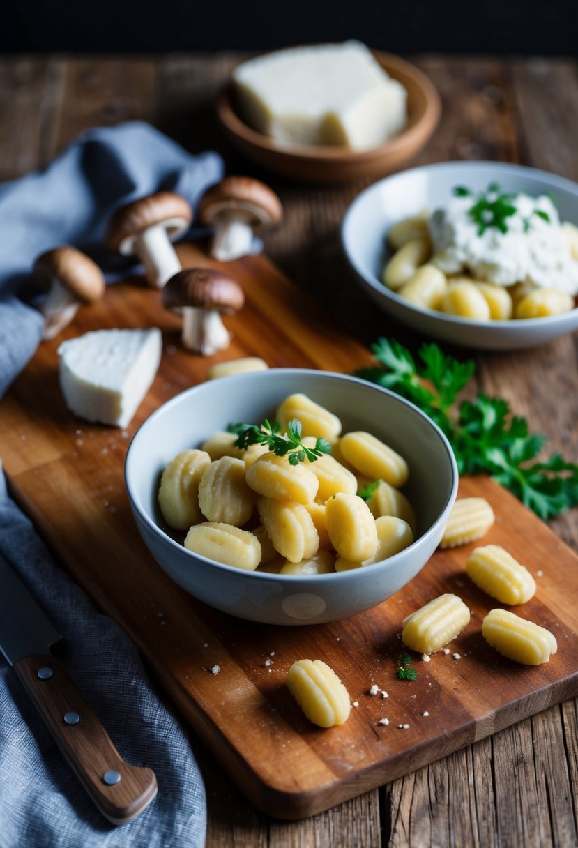 A rustic kitchen scene with a wooden cutting board, fresh mushrooms, goat cheese, and a bowl of homemade gnocchi