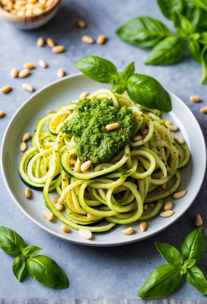 A colorful plate of zucchini noodles topped with vibrant green pesto, surrounded by fresh basil leaves and pine nuts