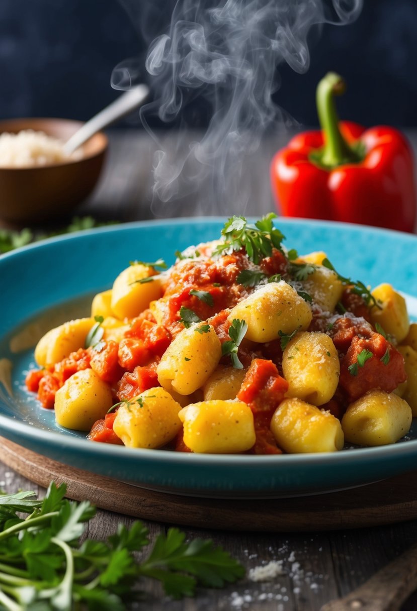 A steaming plate of chickpea gnocchi covered in vibrant red pepper sauce, garnished with fresh herbs and grated cheese