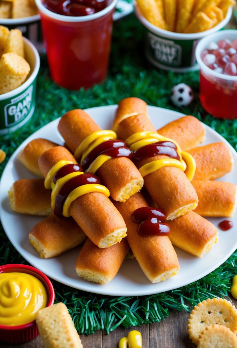 A plate of mini corn dogs arranged with ketchup and mustard, surrounded by game day snacks and drinks