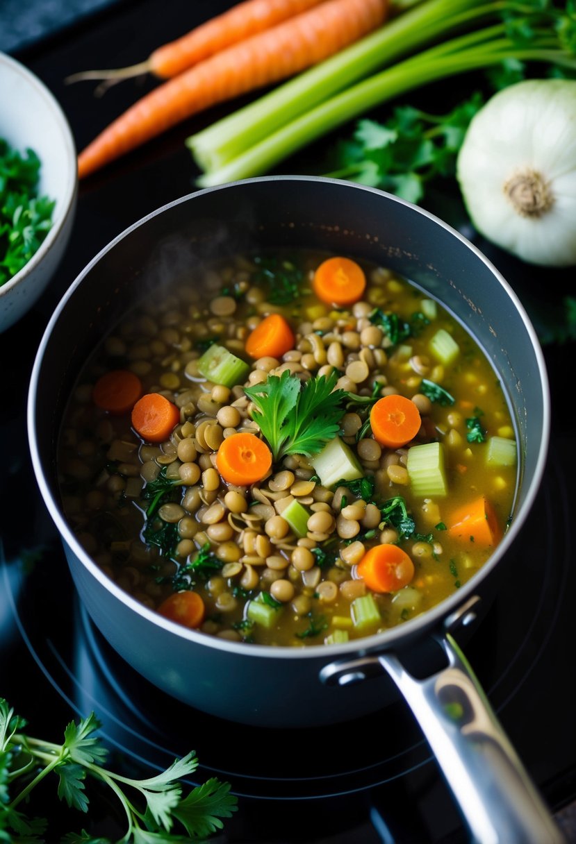 A pot of lentil and vegetable soup simmering on a stovetop, surrounded by fresh ingredients like carrots, celery, and herbs