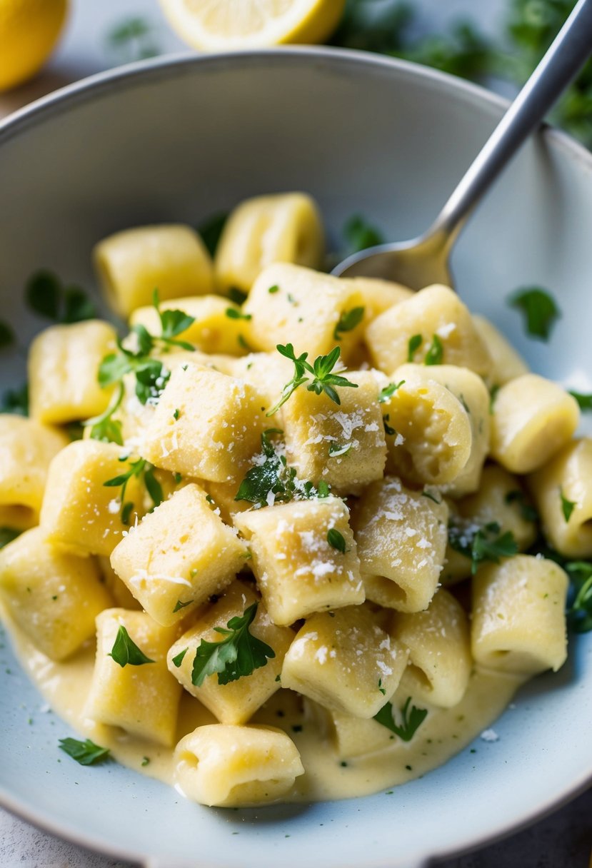 A bowl of lemon ricotta gnocchi being tossed in a creamy sauce with fresh herbs and a sprinkle of parmesan cheese