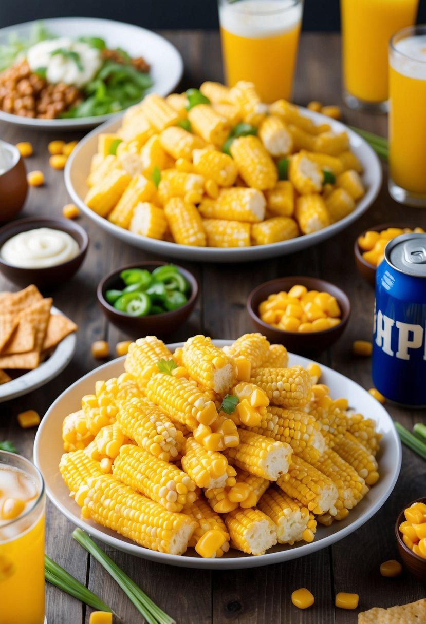 A table spread with Korean cheese corn, surrounded by game day snacks and drinks