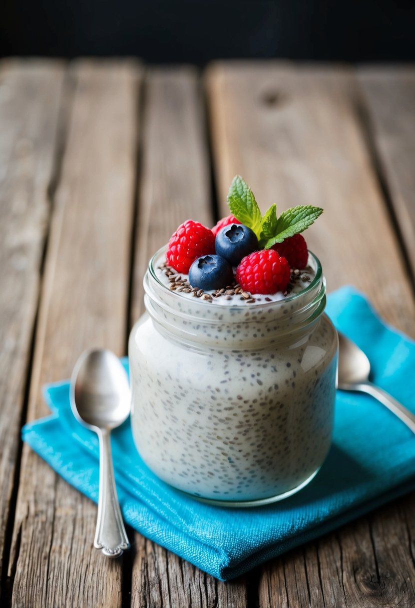 A glass jar filled with creamy chia pudding topped with fresh berries and a sprinkle of chia seeds, set on a rustic wooden table