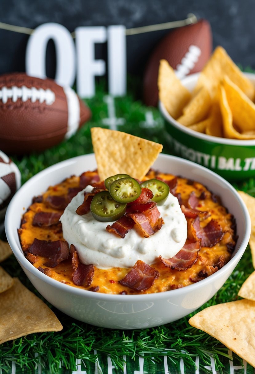 A bowl of jalapeno popper dip topped with crispy bacon, surrounded by tortilla chips and football-themed decor