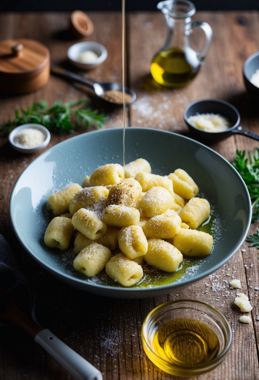 A rustic wooden table with a bowl of freshly made gnocchi drizzled with truffle oil and sprinkled with grated Parmesan, surrounded by scattered cooking utensils and ingredients