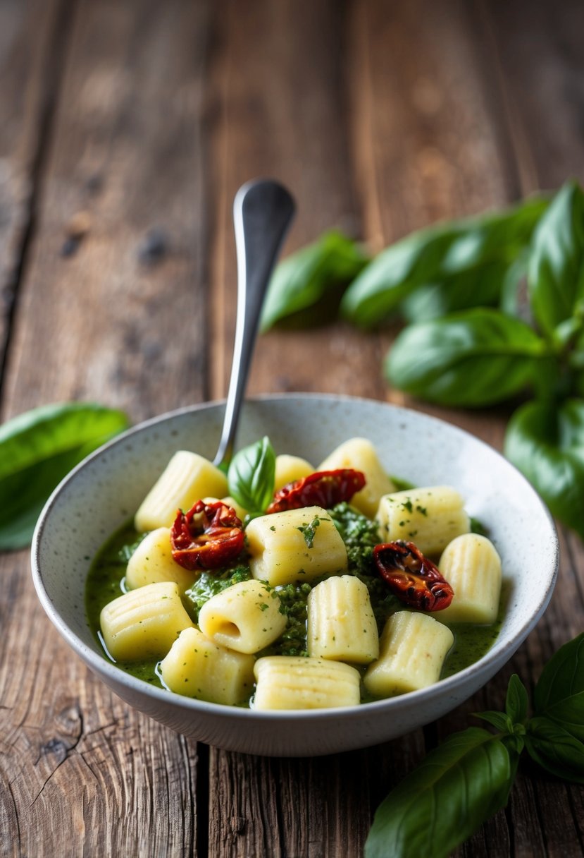 A rustic wooden table with a bowl of gnocchi in pesto sauce, garnished with sun-dried tomatoes and fresh basil