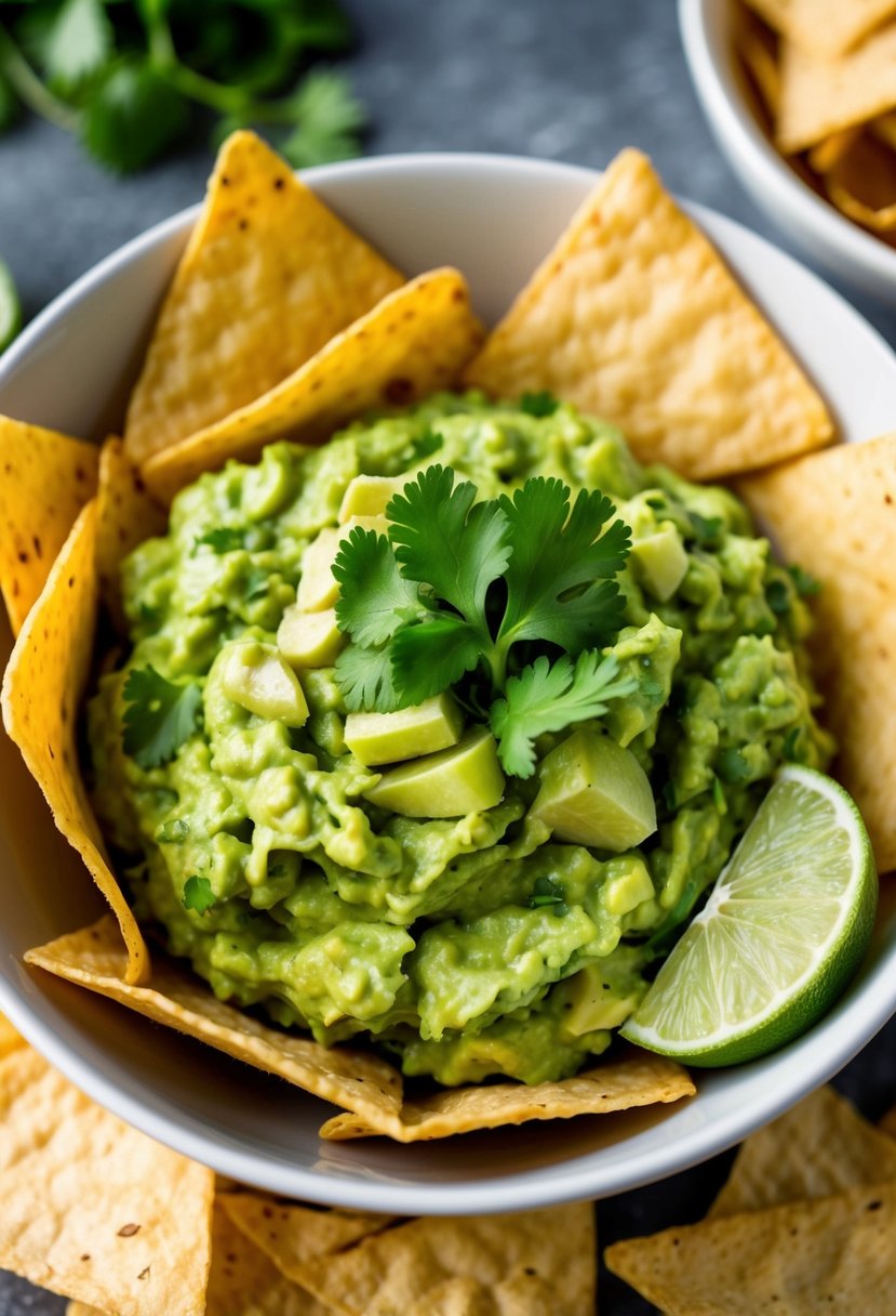 A bowl of freshly made guacamole surrounded by tortilla chips and garnished with cilantro and lime slices