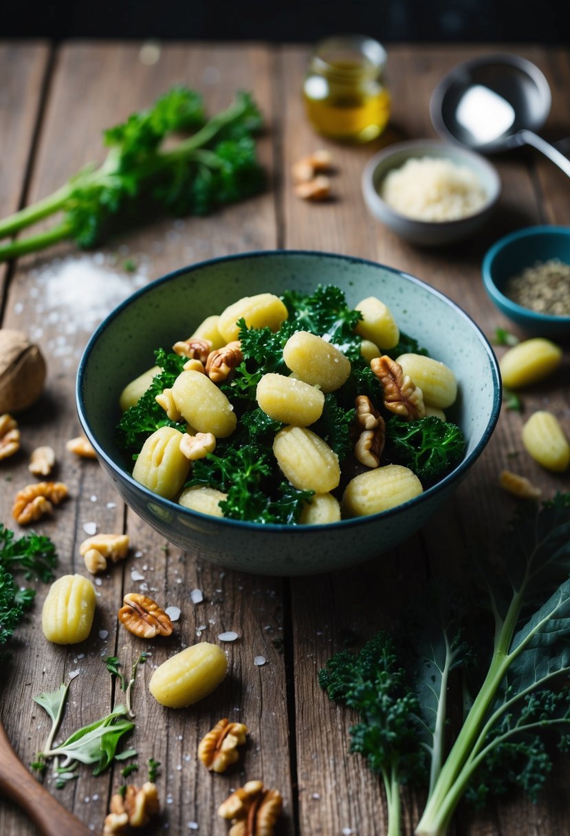 A rustic wooden table with a bowl of kale and walnut gnocchi, surrounded by scattered fresh ingredients and cooking utensils