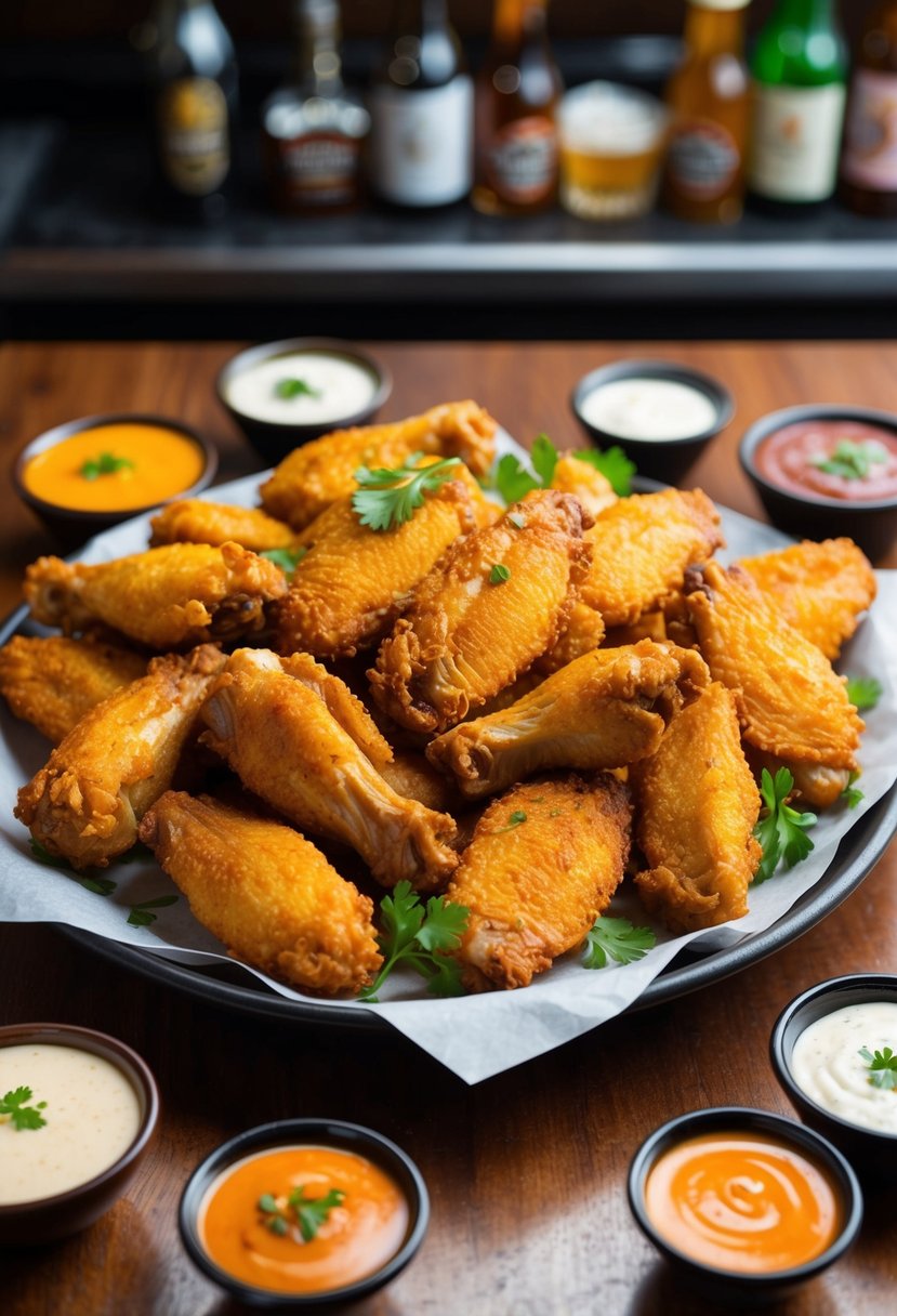 A platter of golden, crispy chicken wings arranged in a bar-style setting with various dipping sauces and garnishes