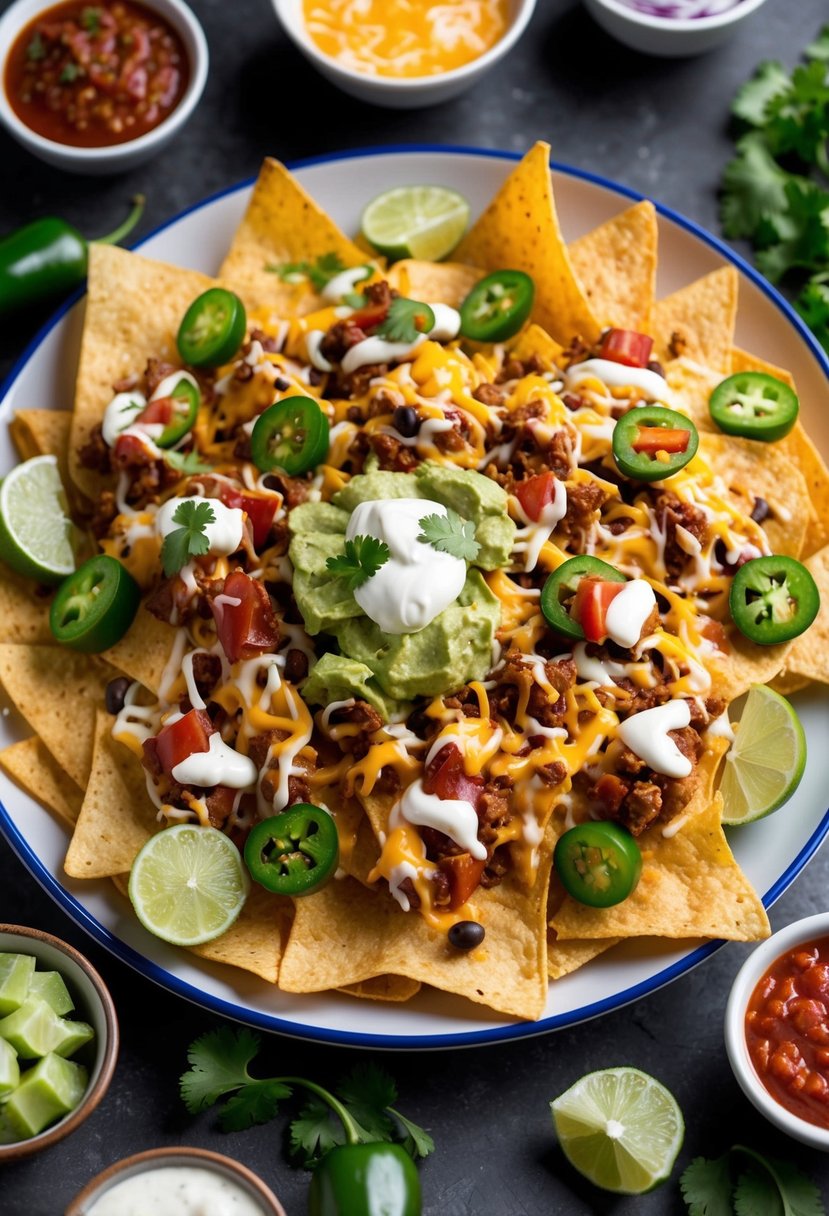 A platter of loaded nachos with cheese, jalapenos, guacamole, sour cream, and salsa, surrounded by a variety of dipping sauces and garnished with cilantro and lime wedges