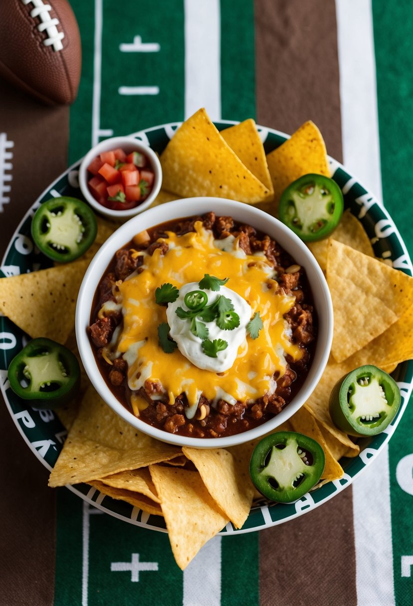 A bowl of cheesy taco chili dip surrounded by tortilla chips, salsa, and jalapenos on a football-themed tablecloth