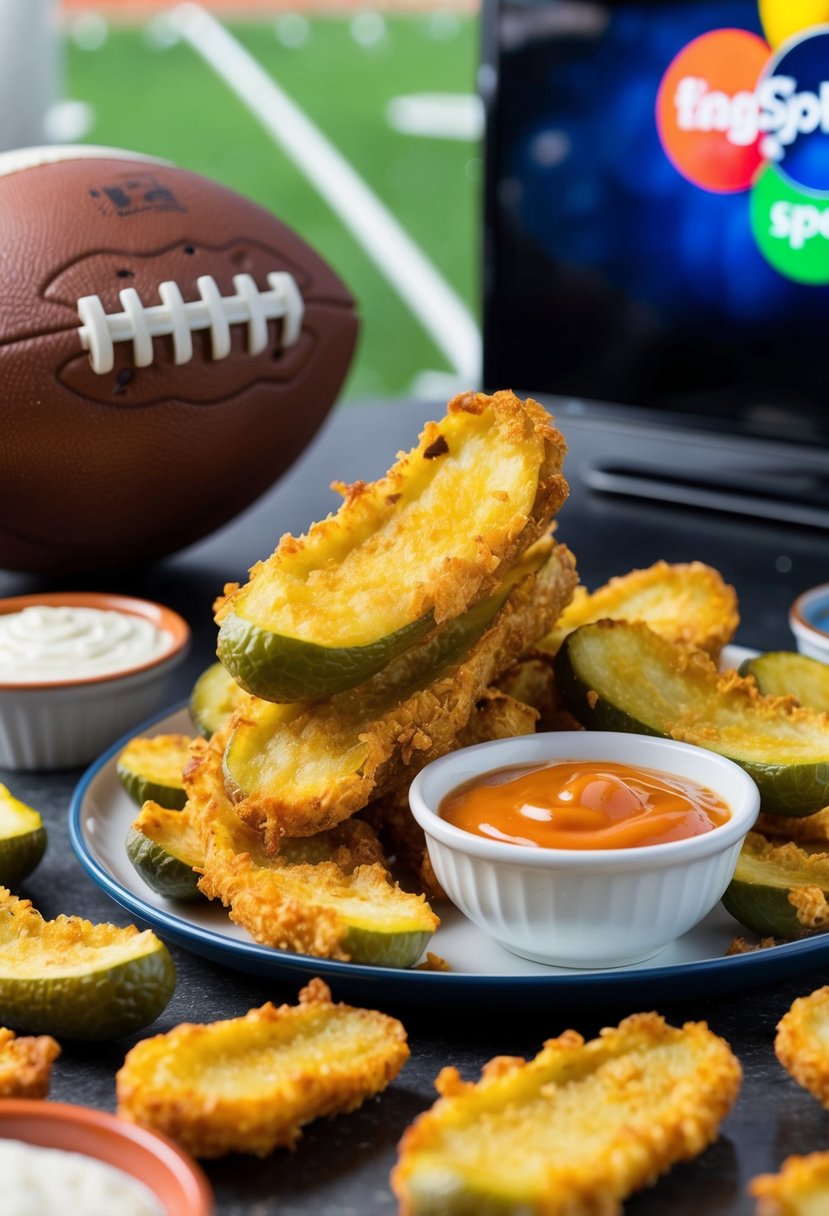 Golden, crispy air-fried pickles arranged on a platter with a side of tangy dipping sauce, surrounded by sports paraphernalia and a big screen TV