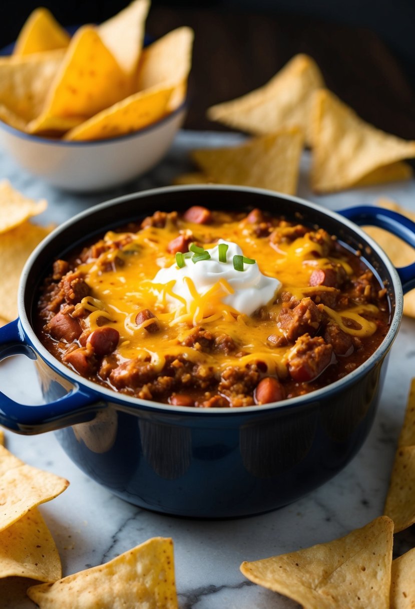 A bubbling pot of chili cheese dip sits on a table surrounded by tortilla chips, ready for game day snacking