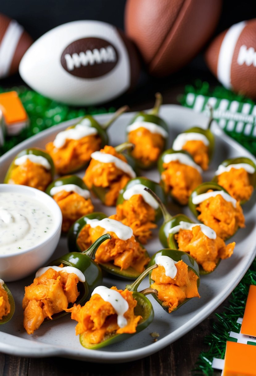 Buffalo chicken jalapeño poppers arranged on a serving platter with a side of ranch dressing, surrounded by football-themed decorations