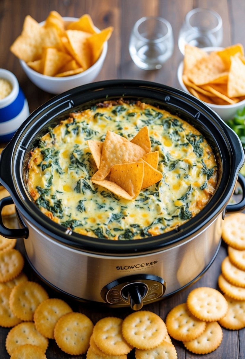 A slow cooker filled with bubbling spinach artichoke dip surrounded by chips and crackers on a table for a game day gathering