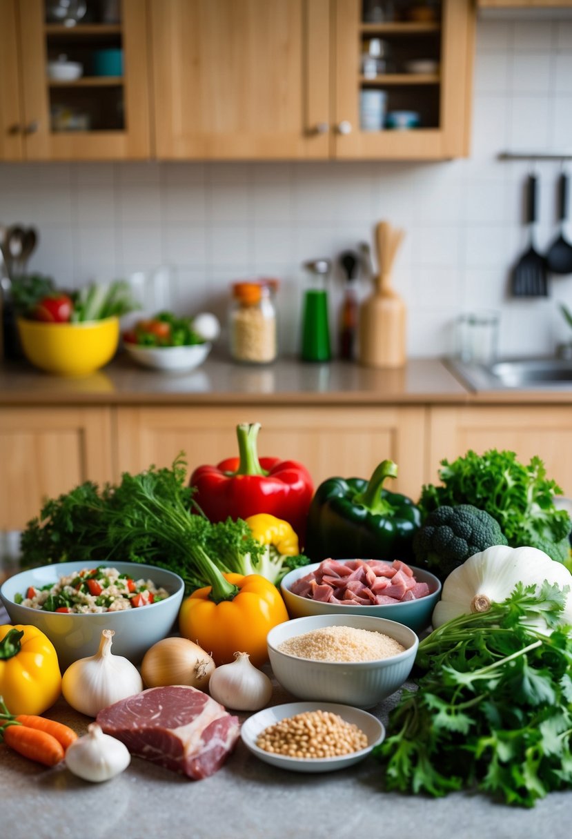 A colorful array of assorted leftover ingredients arranged on a kitchen counter, including vegetables, meats, and grains, with various cooking utensils nearby