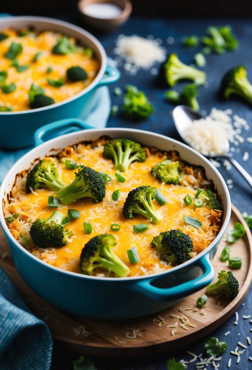 A bubbling casserole dish filled with broccoli, cheese, and rice, surrounded by scattered ingredients and a serving spoon