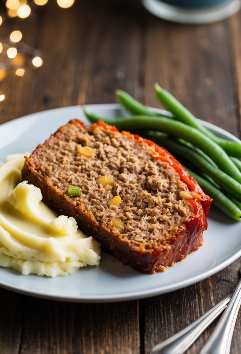 A slice of meatloaf on a plate next to a pile of mashed potatoes and a side of green beans