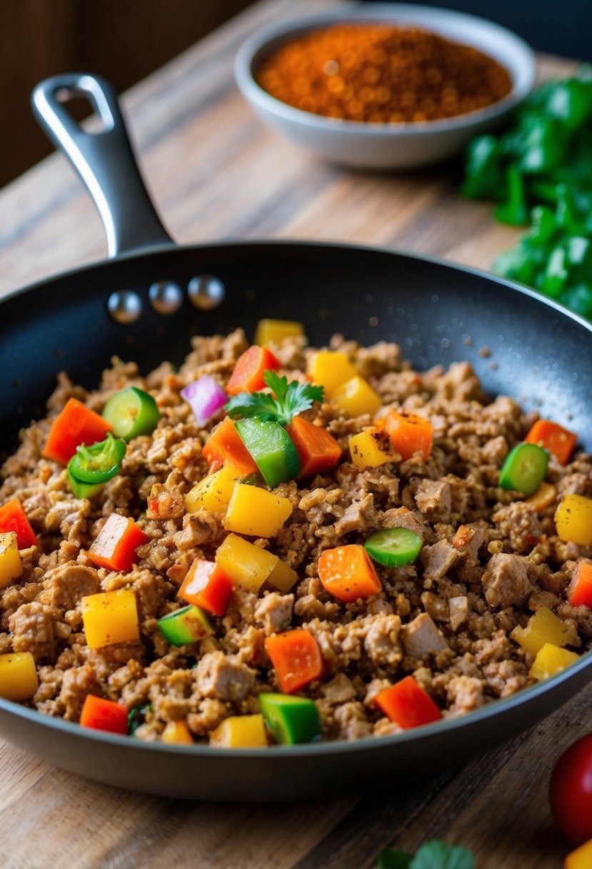 A sizzling skillet of ground turkey with colorful diced vegetables and aromatic spices