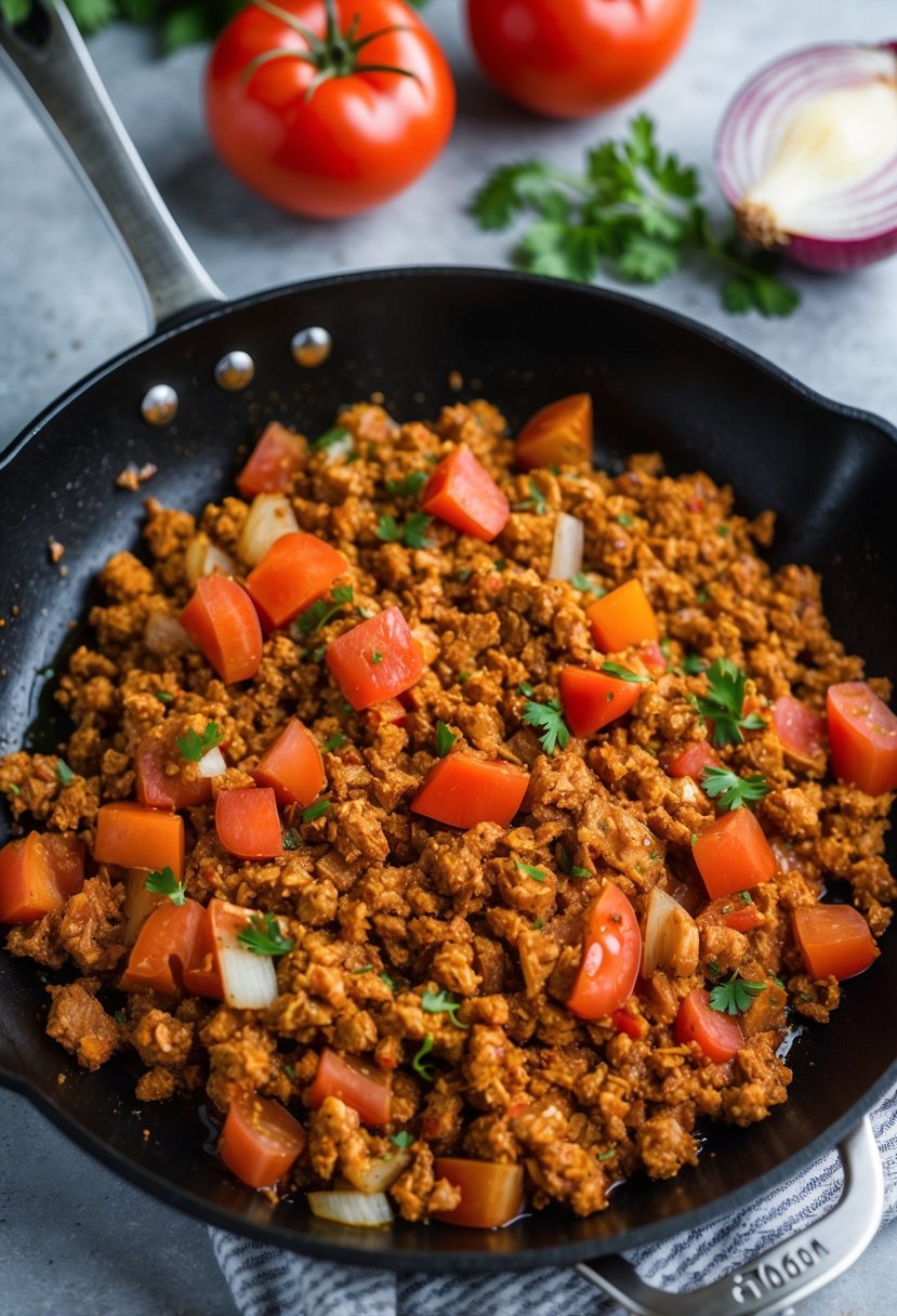 A sizzling skillet of chipotle ground turkey with diced tomatoes, onions, and spices