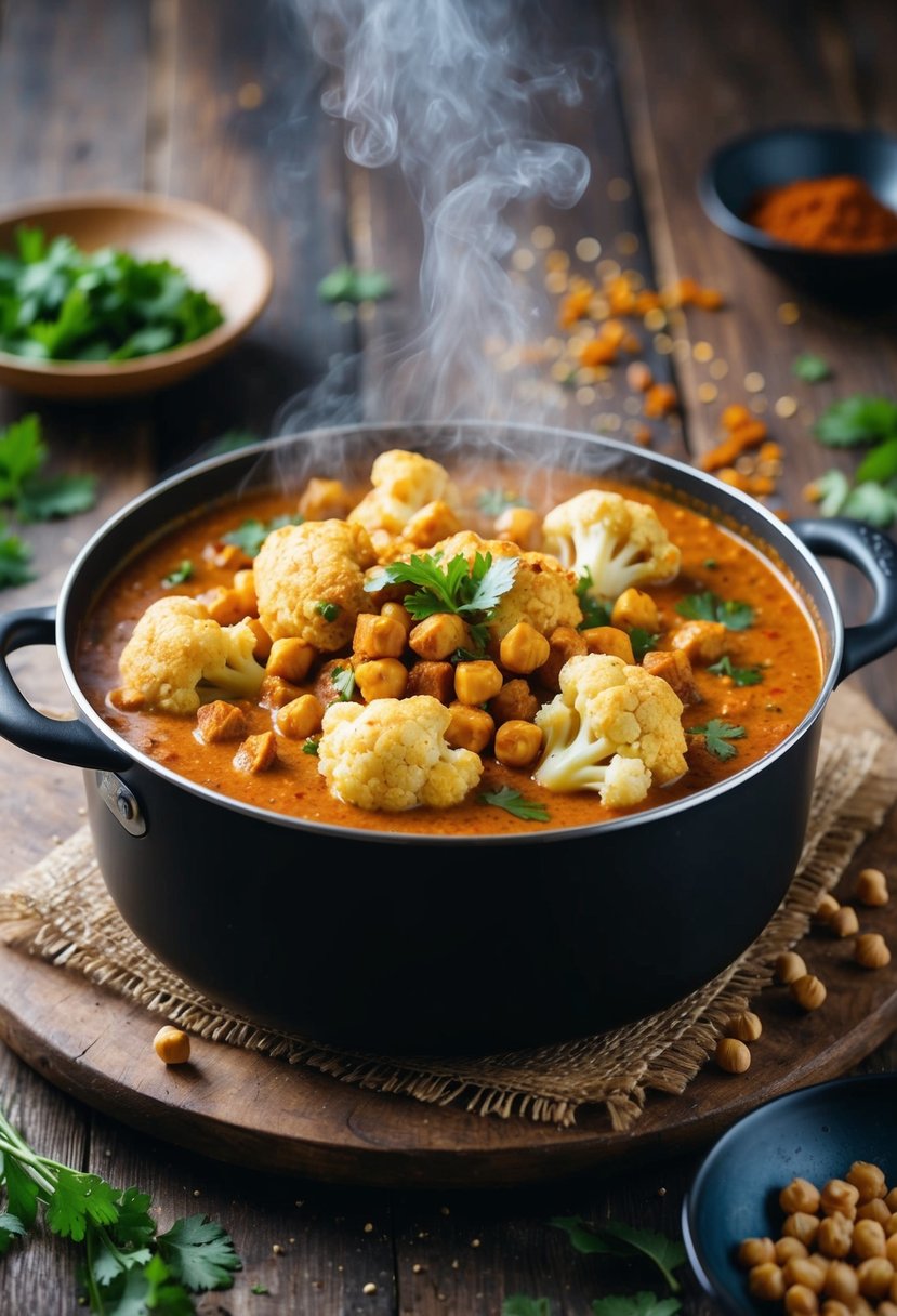 A steaming pot of cauliflower tikka masala with chickpeas sits on a rustic wooden table, surrounded by scattered spices and herbs