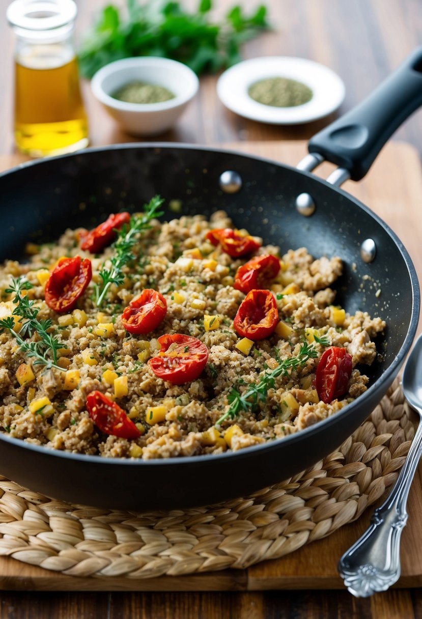 A sizzling skillet with ground turkey, sun-dried tomatoes, and Greek-inspired herbs and spices