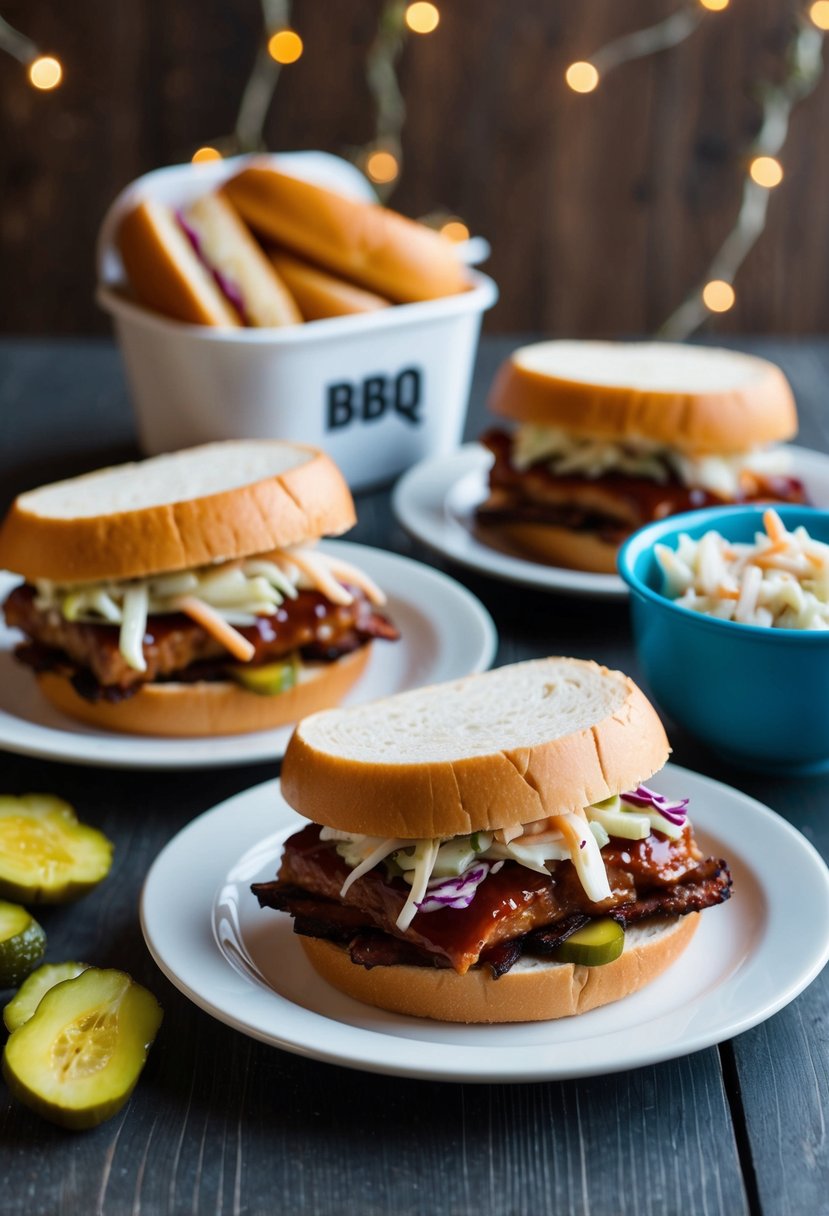 A table set with BBQ sandwiches, pickles, and coleslaw, with a container of leftover sandwiches in the background