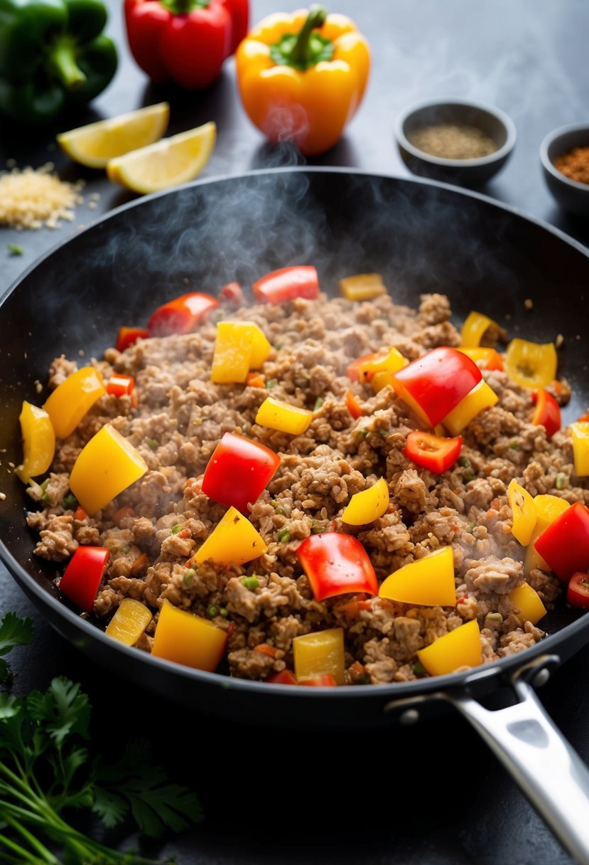 Ground turkey and bell peppers sizzling in a hot skillet, emitting savory aromas. Chopped ingredients and seasonings nearby