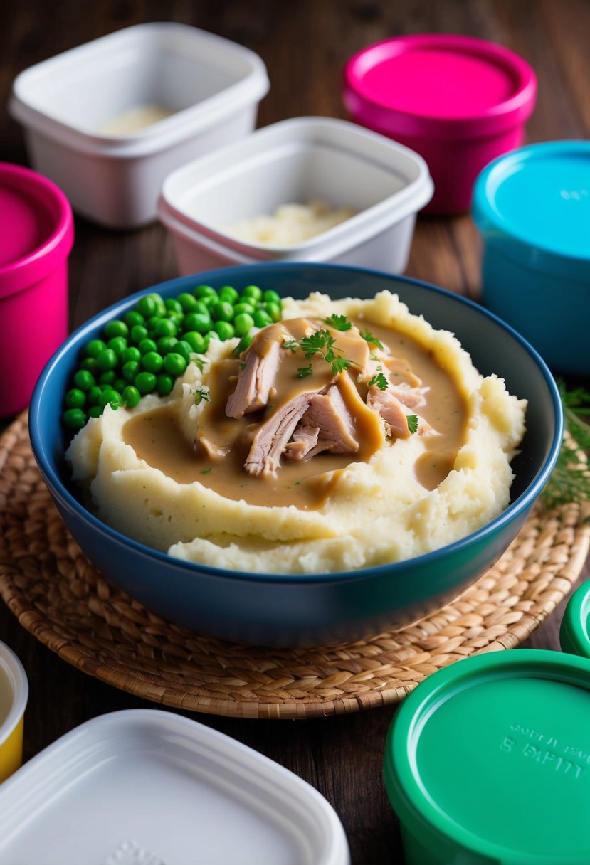 A steaming bowl of mashed potatoes topped with gravy, peas, and shredded turkey, surrounded by colorful leftover containers