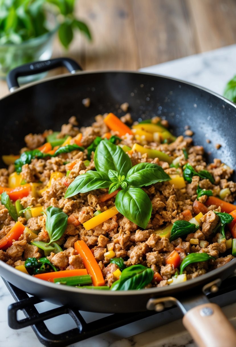 A sizzling skillet with ground turkey, fresh basil, and colorful vegetables being stir-fried over high heat