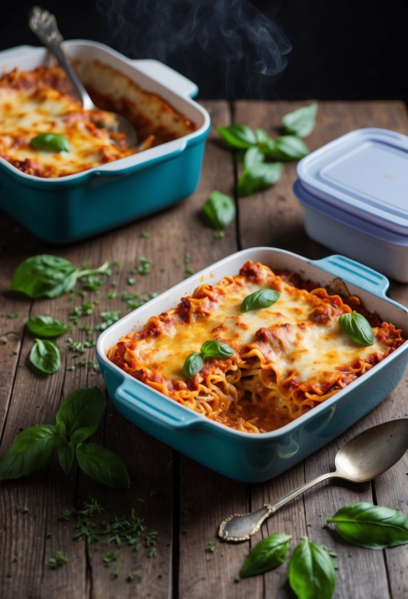 A steaming hot lasagna sits on a rustic wooden table, surrounded by scattered basil leaves and a vintage serving spoon. A half-empty casserole dish and a stack of Tupperware containers hint at the delicious leftovers to come