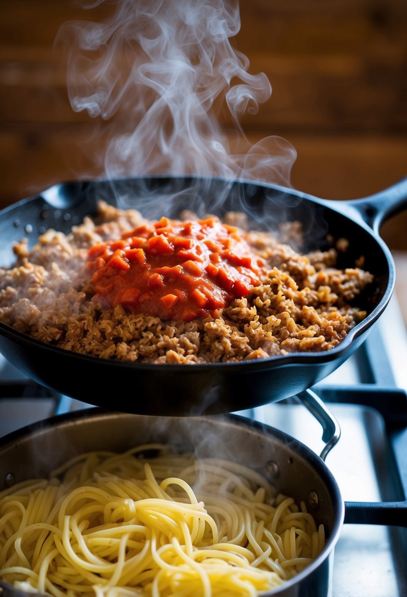 A skillet sizzling with ground turkey and tomato sauce, steaming over a pot of boiling pasta