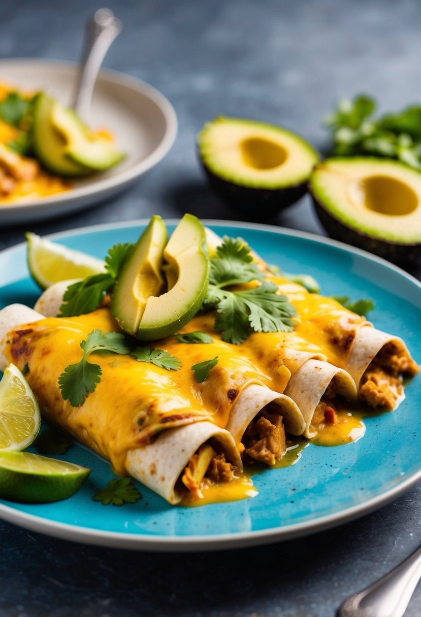 A colorful plate of chicken enchiladas with melted cheese and garnished with fresh cilantro and sliced avocado