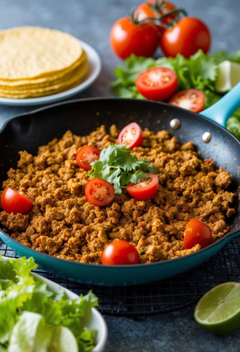 A sizzling skillet of taco-seasoned ground turkey, with vibrant red tomatoes, green lettuce, and yellow corn tortillas in the background