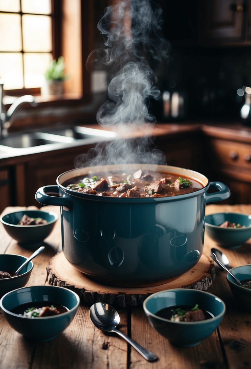 A steaming pot of beef stew sits on a rustic wooden table, surrounded by empty bowls and spoons. The rich aroma fills the cozy kitchen