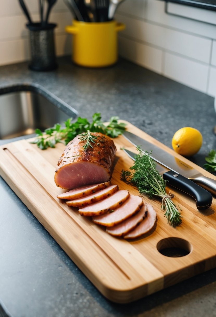 A wooden cutting board with sliced gammon, herbs, and cooking utensils on a kitchen counter