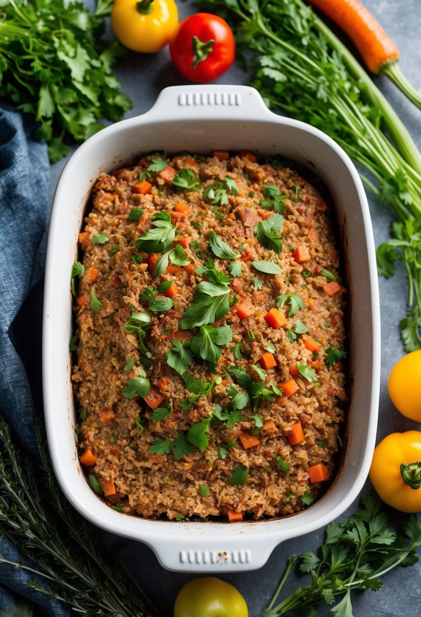 A baking dish filled with ground turkey meatloaf surrounded by fresh herbs and vegetables