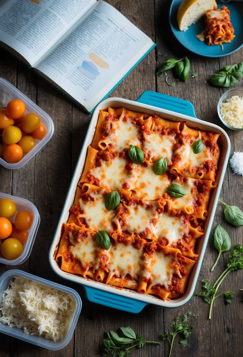 A tray of baked ziti sits on a rustic wooden table, surrounded by scattered ingredients and an open cookbook. Leftovers are portioned into Tupperware containers nearby