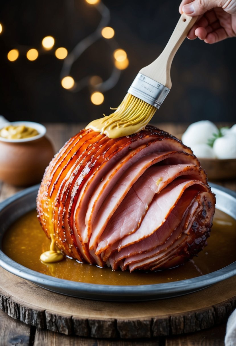 A glaze being brushed onto a succulent cola ham with maple and mustard, sitting on a rustic wooden serving platter